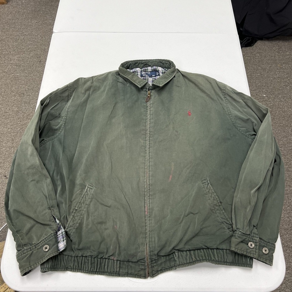 Polo Ralph Lauren Harrington Jacket Mens XL Green Plaid Lined Distressed Zip Up